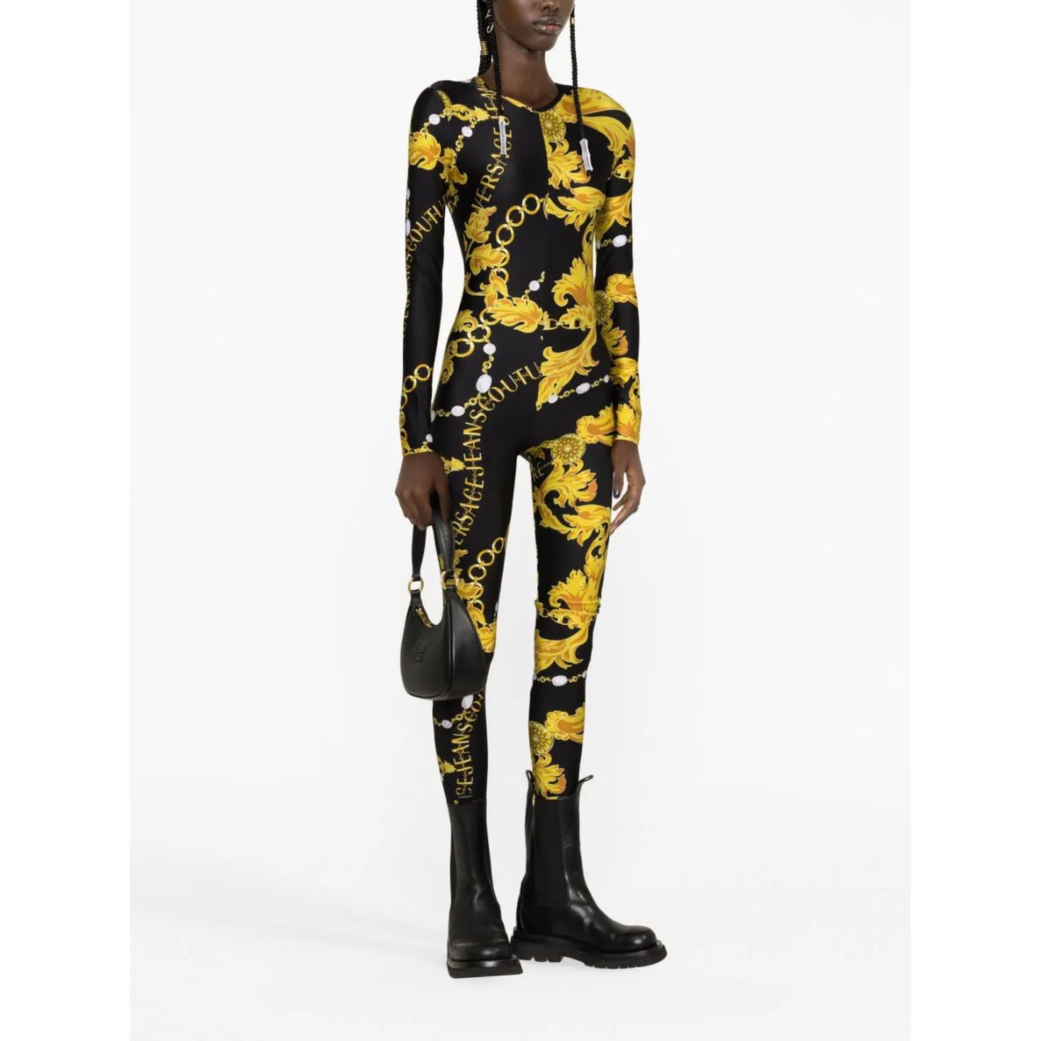 VERSACE JEANS CUTURE Kostiumas moterims, Juoda, Chain couture jumpsuit 2