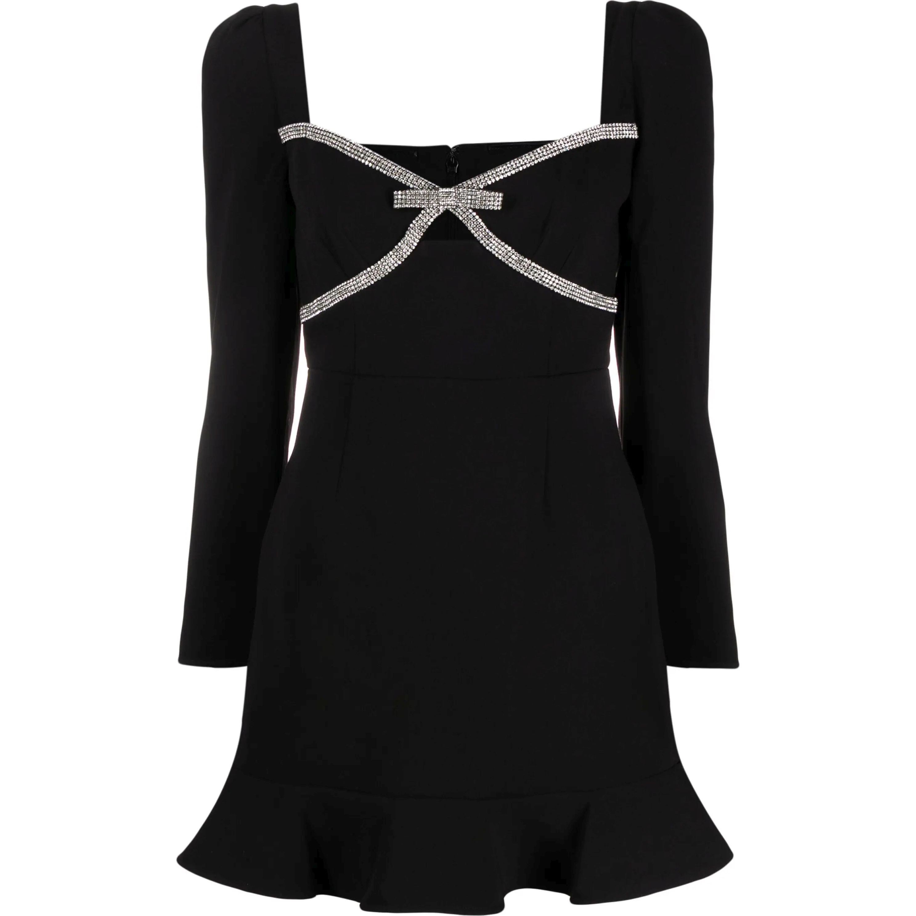 SELF PORTRAIT Mini suknelė moterims, Juoda, Black diamante bow mini dress