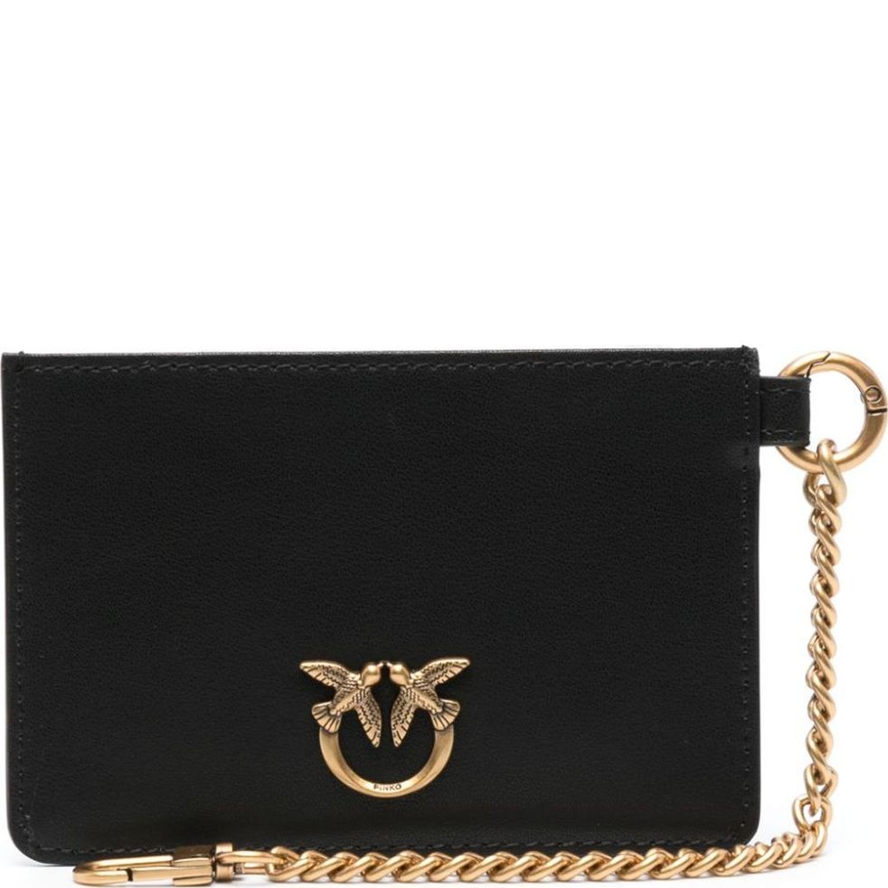 PINKO Kortelių dėklas moterims, Juoda, Leather card holder with chain 1